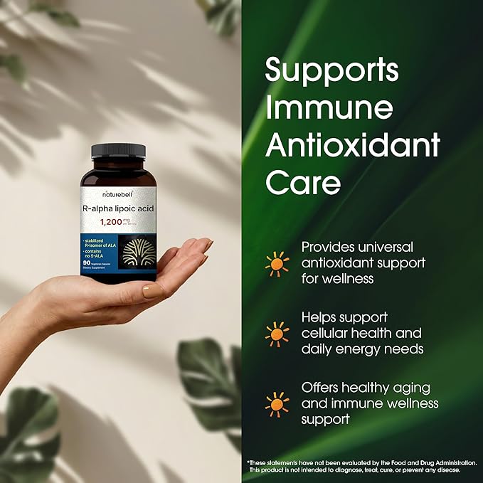 NatureBell R-Alpha Lipoic Acid - 90 Capsules - Delivers 1200mg R-ALA Per Serving - Antioxidant &amp Cellular Energy Support* - Stabilized R-Isomer ALA - Non-GMO &amp Gluten-Free