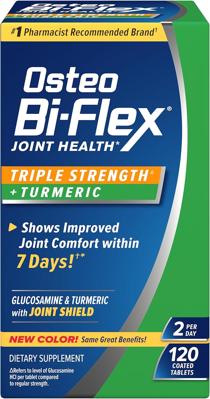 Osteo Bi-Flex Glucosamine Triple Strength Plus Turmeric Supplement with Curcumin for Joint Support and Range of Motion 60 Day Supply 120 Coated Tablets Joint Health Nutritional Supplements