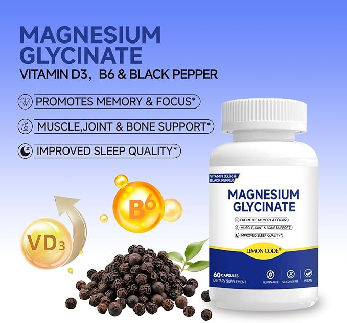 Magnesium Glycinate High Absorption Magnesium Complex with Vitamin D3 &amp B6 Supports Relaxation Muscle Function &amp Heart Health Vegan Non-GMO 60 Capsules