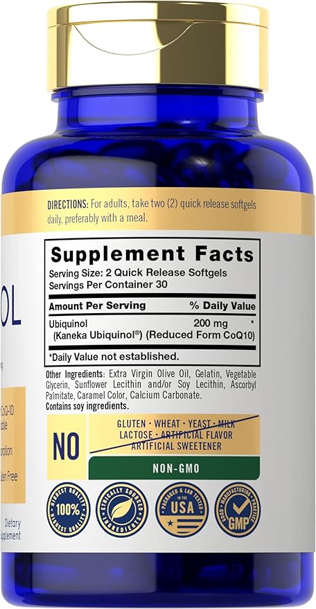 Carlyle Ubiquinol 200mg | 60 Softgels | High Absorption | Active Form of CoQ10 | Non-GMO Gluten Free Supplement