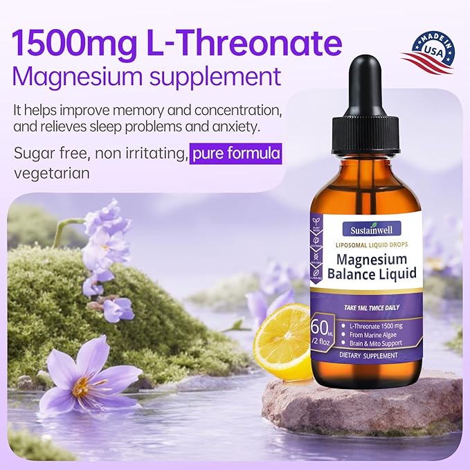 Magnesium L-Threonate Liquid Drops Magnesium L Threonate Supplement 1500mg High Absorption Brain Supplement for Memory Focus Sleep Sugar Free Vegan 4.08 Fl Oz(2 Pack)