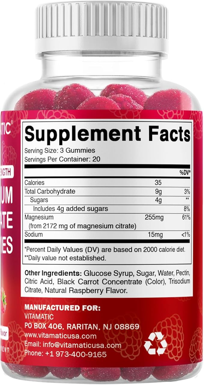 Vitamatic Extra Strength Magnesium Gummies – 255 mg Elemental Magnesium per Serving – 60 Gummies (2-Pack) Supports Relaxation Muscle Function Bone Health &amp Energy – Vegan Non-GMO Gluten-Free