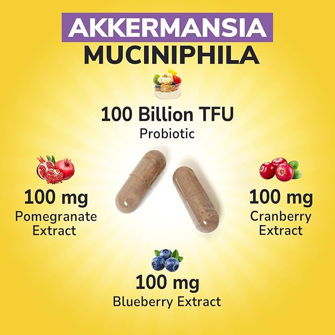 Akkermansia Probiotics 100 Billion TFU Pasteurized Akkermansia Muciniphila w/Cranberry Blueberry &amp Pomegranate Digestive &amp Immune Health Leaky Gut GLP-1 Supplement 60 Vegan Capsules
