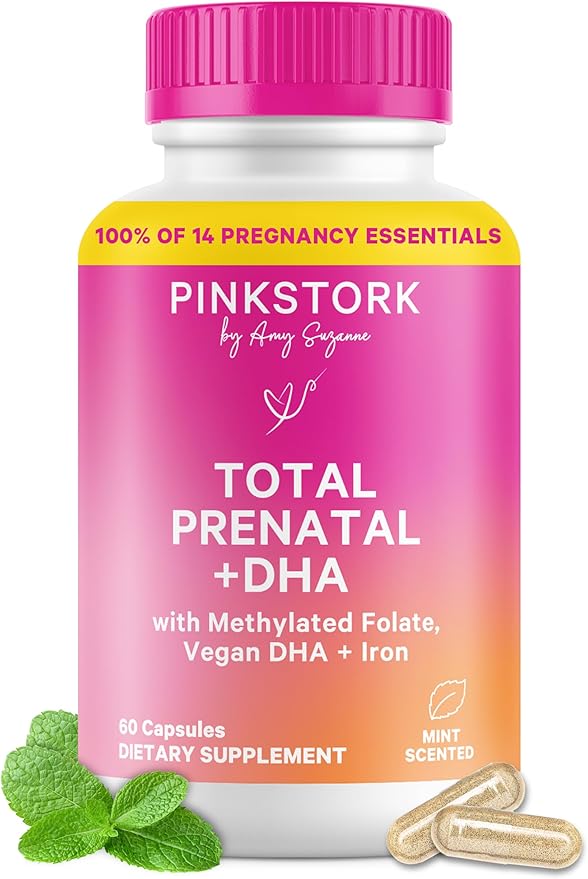 Pink Stork Total Prenatal Vitamins for Women | DHA Folate Iron Choline &amp Vitamin B12 | Preconception Nutrition | Prenatals for Women Pregnancy Essentials | Doctor Formulated 60 Count Mint
