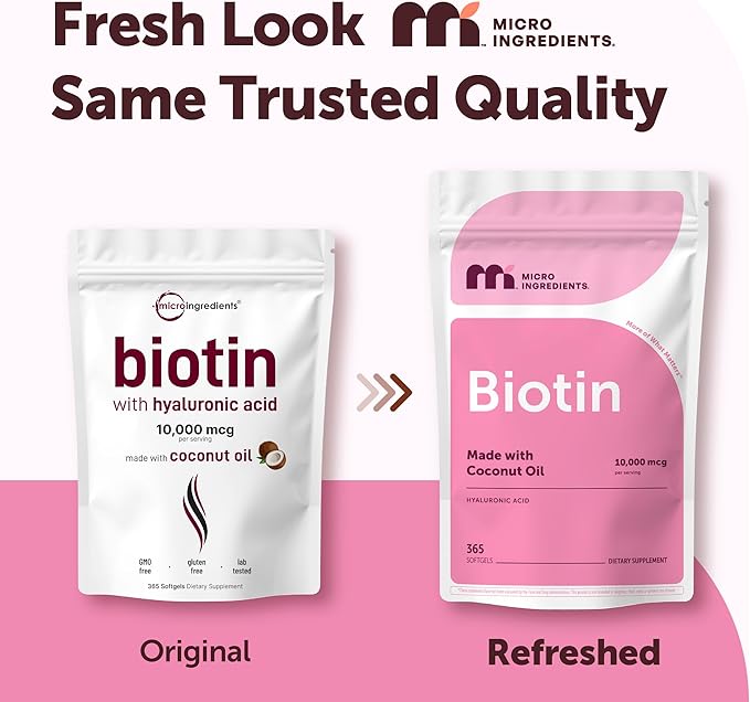 Micro Ingredients Biotin 10000 mcg with Hyaluronic Acid 25 mg Per Serving | Made with Coconut Oil | 365 Softgels | 1 Per Day | One Year Supply | Non-GMO &amp Gluten Free