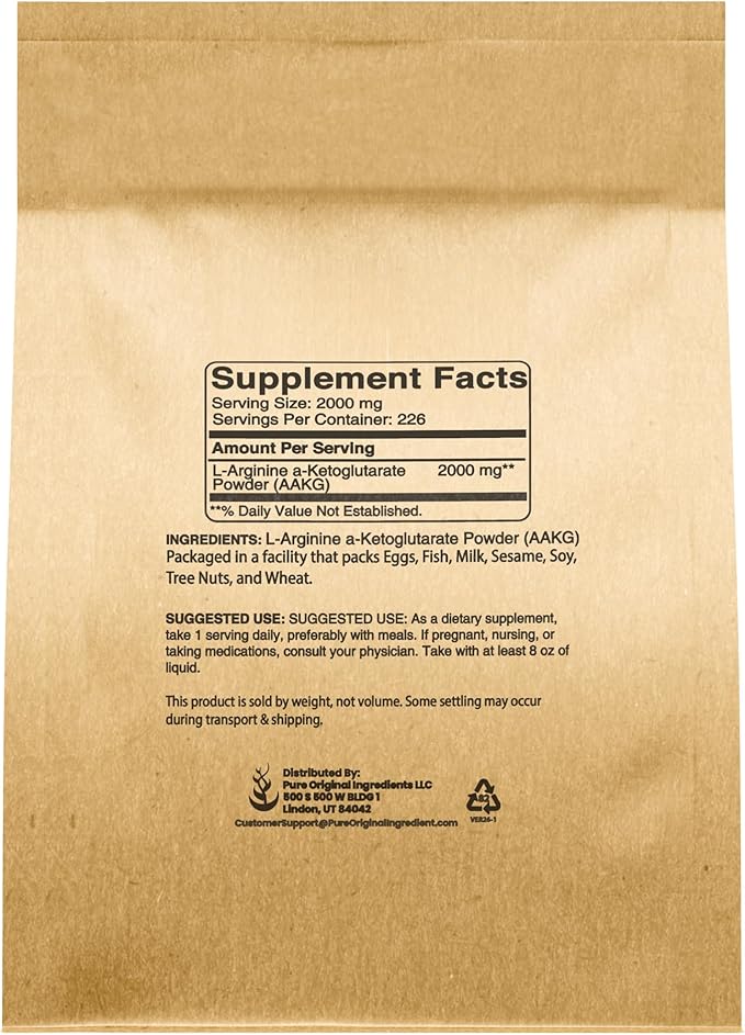 PURE ORIGINAL INGREDIENTS L-Arginine a-Ketoglutarate (AAKG) Powder 1 lb Unflavored Non-GMO Resealable &amp Eco-Friendly Packaging