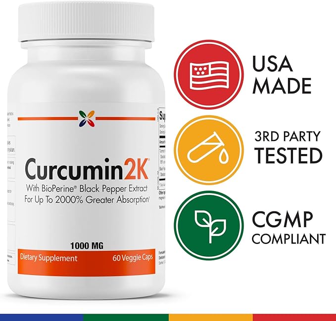 Stop Aging Now - Curcumin2K Formula with Bioperine - Brain &amp Heart Health Antioxidants &amp Joint Health Support - Turmeric &amp Black Pepper Extract - 60 Vcaps (3 Bottle Multi-Pack)