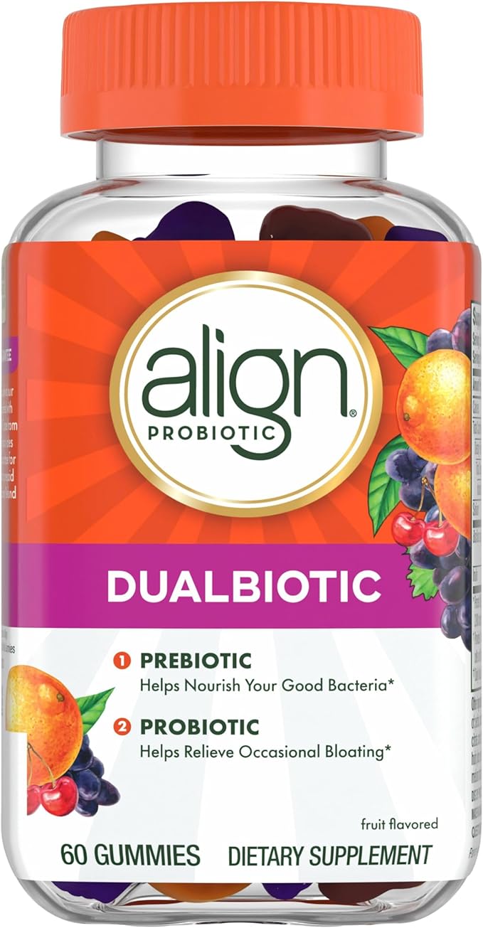 Align Dualbiotic Prebiotics and Probiotics for Women and Men Probiotics for Digestive Health Prebiotics Help Nourish Good Bacteria Natural Fruit Flavors 60 Probiotic Gummies