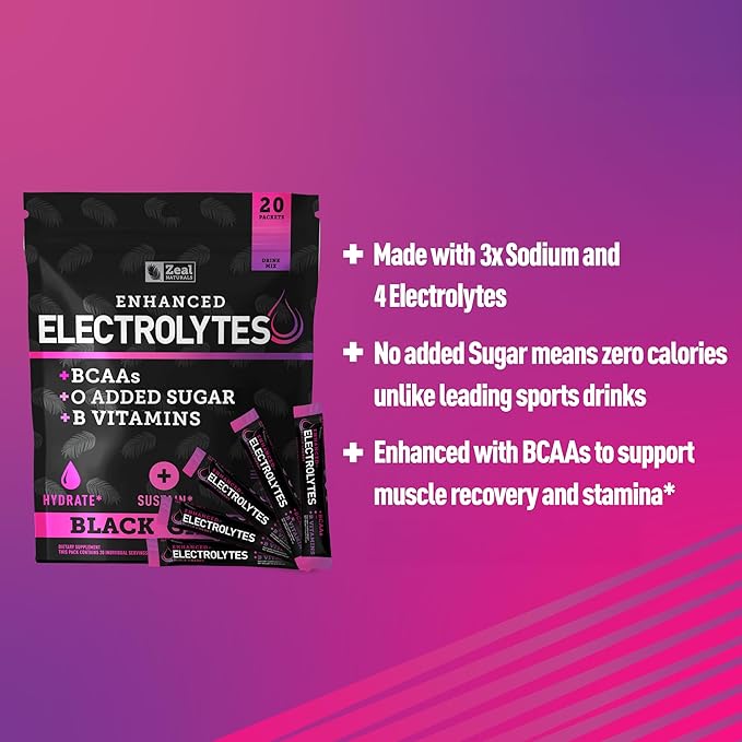 Enhanced Electrolyte Powder Stick Packs (Black Cherry | 20 Packets) w/ 0 Sugar +BCAAs +B-Vitamins Electrolyte Supplement w Potassium Zinc &amp Magnesium for Hydration - Keto Electrolytes