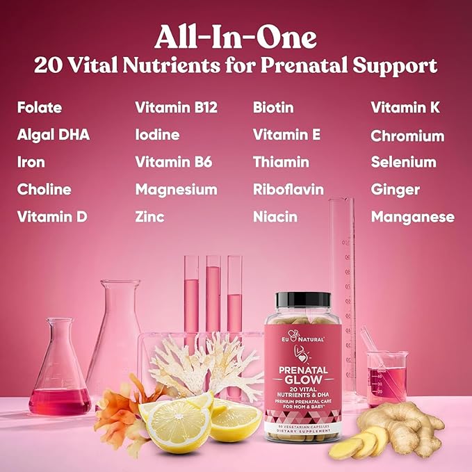 Eu Natural Glow Prenatal Vitamins for Women - 20-in-1 Prenatal Multivitamin with Folate &amp Vegan DHA - Supports Healthy Pregnancy Fetal Development &amp Mom’s Comfort - 120 Vegetarian Capsules