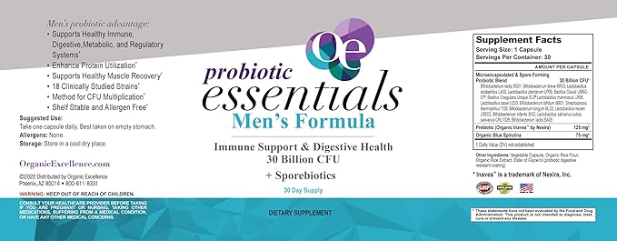 Organic Excellence Mens L Reuteri Probiotics for Gut Health with Prebiotics – 18 Strains for Digestive Health Bloating &amp Immune Support – 30 Billion Probiotics + Sporebiotics – 30 Capsules