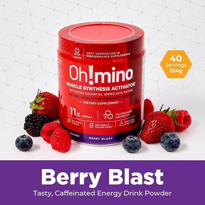 Oh!mino Essential Amino Acids Supplement Drink Powder Berry Blast Caffeinated Powder All 9 EAAs BCAAs and The Perfect Amino for Workouts Amino Energy and to Build Muscle and Recover Faster