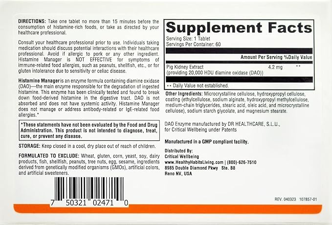 Histamine Manager – New and Improved Formula 20000 HDU of Diamine Oxidase DAO per tablet – Digestive Enzyme to Help Block and Manage Food-Derived Histamine Intolerance – 60 Tablets (2 Boxes)