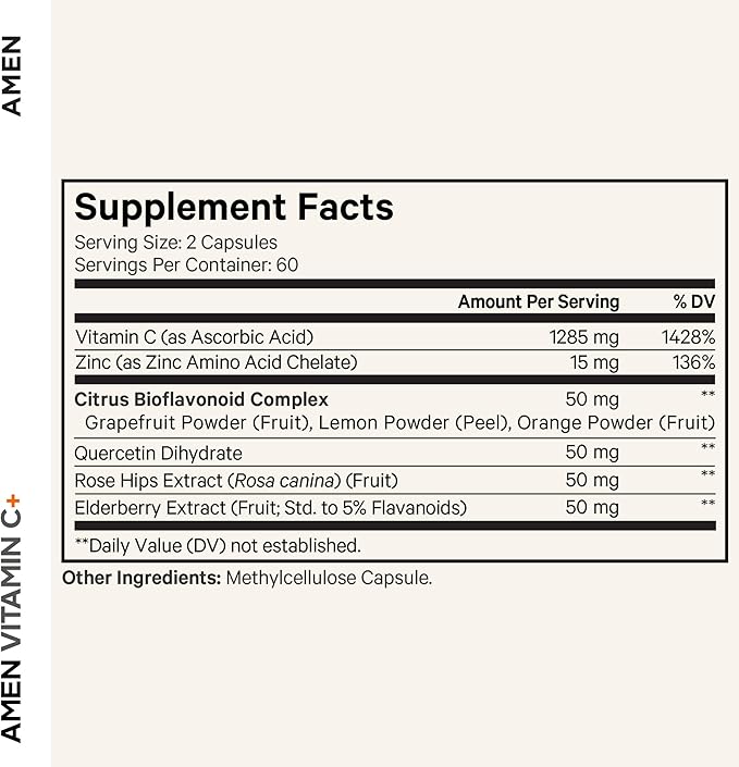 Amen Vitamin C+ Supplement with Zinc Bioflavonoids Quercetin Rose Hips Elderberry – Vegan Non-GMO – 2 Months Supply - 120 Capsules