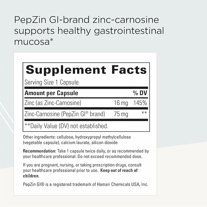 Integrative Therapeutics Zinc-Carnosine - Digestive &amp Gut Health Support* - GI Tract Supplement - Vegan Gluten-Free &amp Dairy-Free - 60 Capsules (60 Servings)