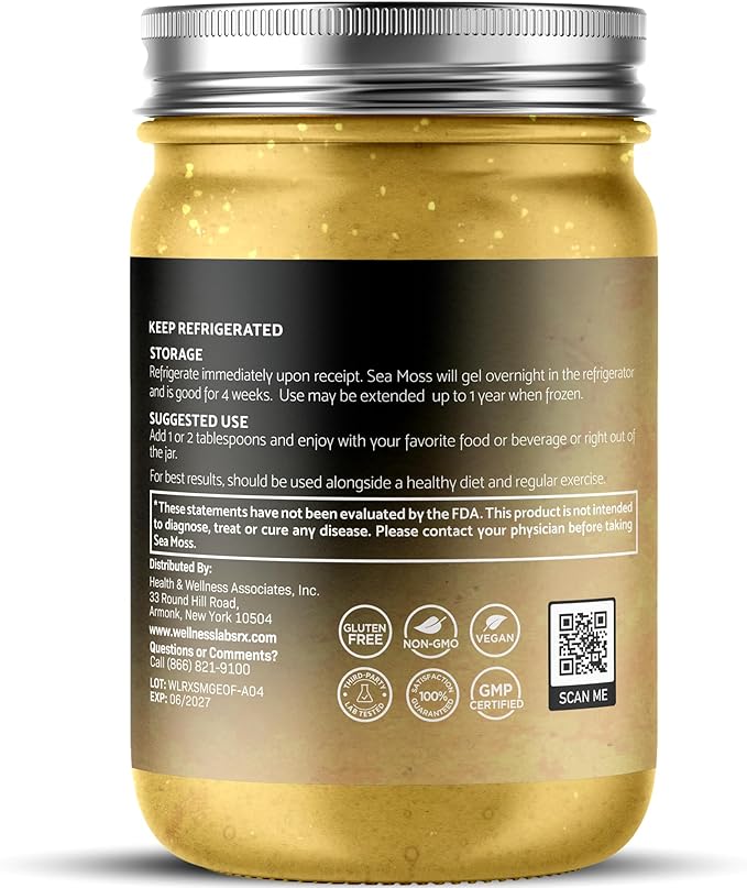 WELLNESS LABSRX Irish Sea Moss Gel Raw - Wildcrafted Superfood Seamoss Gel - Original Flavor Vitamin and Mineral-Rich from Pristine Caribbean Waters Immune and Digestive Health Support - 10 oz.