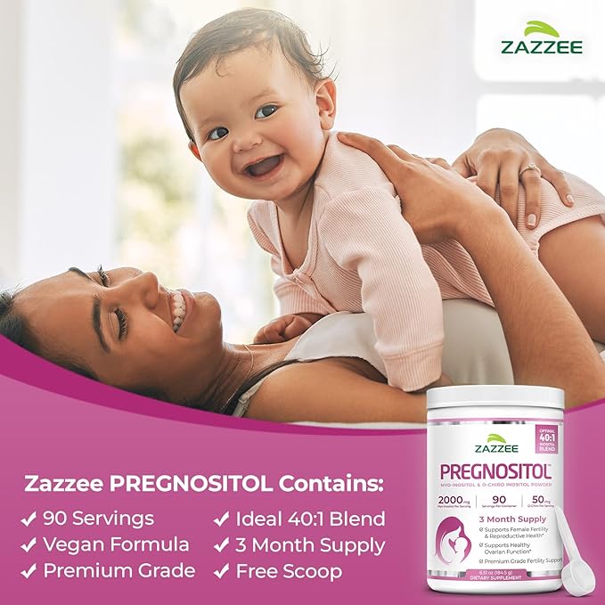 Zazzee PREGNOSITOL Powder 3 Month Supply Myo-Inositol and D-Chiro-Inositol 40:1 Fertility Blend Free Scoop for Exact Dosage Premium Balanced Formula 90 Servings Vegan All-Natural and Non-GMO