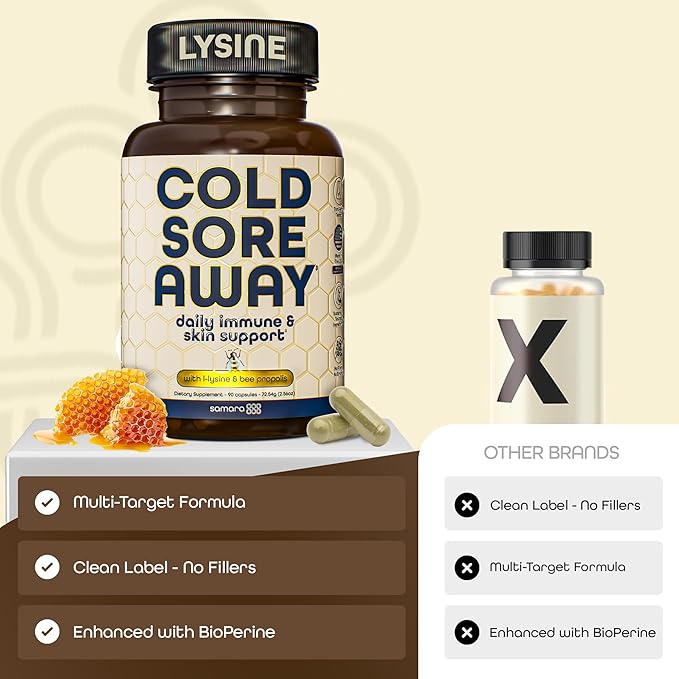 Samara 888 L Lysine Cold Sore Treatment Support Herbal Cold Sore Supplement w/Zinc Picolinate Olive Leaf Extract Beta Glucan &amp Bee Propolis for Skin &amp Lip Health 90 Capsules