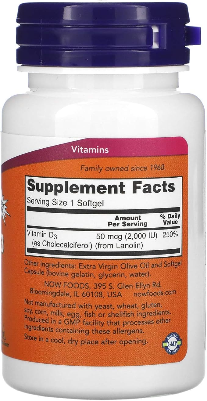 NOW Foods Vitamin D-3 50 mcg (2000 IU) 240 Softgels 3 Pack