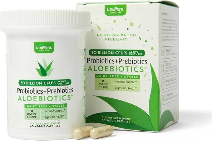 Univera Probiotics Probiotics and Prebiotics 30 Billion CFUs with Organic Aloe Vera -14 Strains Digestive Enzymes for Adults - Vegan AloeBiotics 60ct.