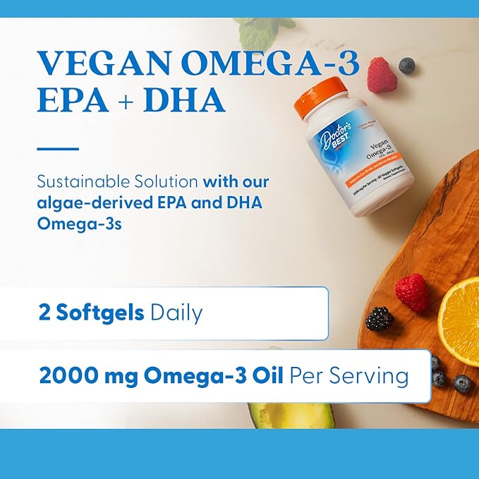 Doctor's Best Vegan Omega-3 EPA + DHA Supports Eye Brain and Heart Health Non-GMO Gluten Free Vegan 60 Veggie Softgels