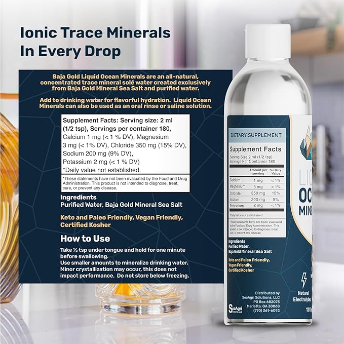 Baja Gold Liquid Trace Mineral Drops – Pure Ocean-Based Minerals for Water &amp Food | Unrefined Electrolytes for Balanced Taste | Mineral-Rich Saline Solution &amp Oral Cleanse | 12 fl oz 90-Day S