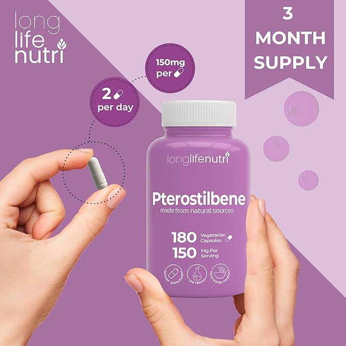 Pterostilbene Supplement 150mg Elevate Cellular Energy 180 Vegan Capsules 3 Month Supply Pure Organic Pterostilbene Extract Made in USA Non GMO Clean Label Easy Swallow Antioxidant Support