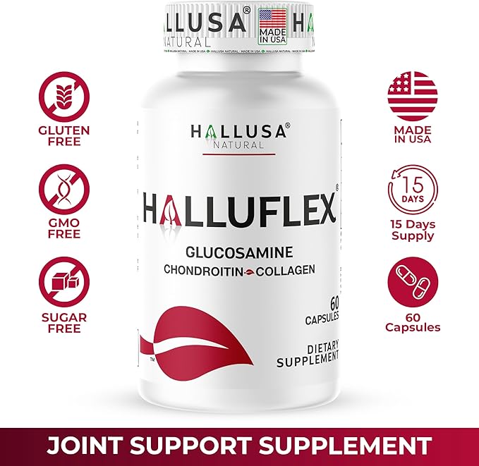Hallusa Natural Halluflex Joint Support Supplement for Women &amp Men Glucosamine Chondroitin 2850mg 300 Capsules Plus Hydrolyzed Collagen Mobility Flexibility &amp Joint Health