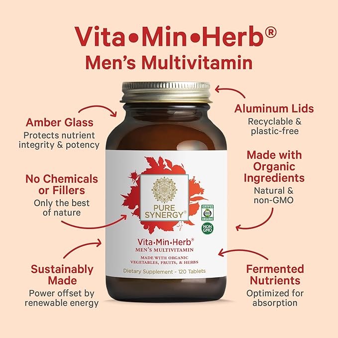 PURE SYNERGY Vita·Min·Herb for Men | Men’s Comprehensive Multivitamin Supplement | Made with Organic Whole Food Non-GMO Ingredients | Daily Energy &amp Immune Support (120 Tablets)