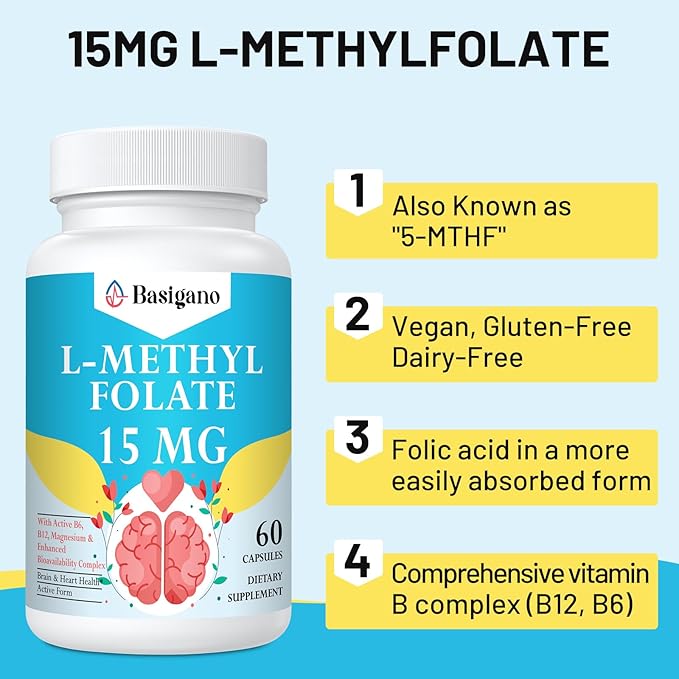 L Methylfolate 15mg (5-MTHF) - Active Folic Acid with B6 and B12 - Vegan Gluten-Free Dairy-Free (1 Pack)