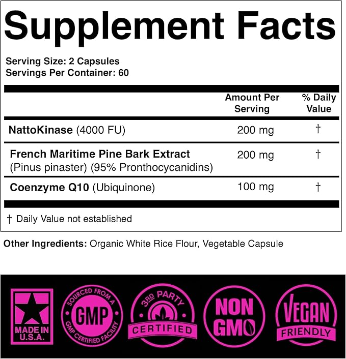 SPARTIS Nattokinase Supplement 4000 FU CoQ10 100mg French Maritime Pine Bark Extract 200mg with Enzymes for Circulatory &amp Cardiovascular Support (Pack of 1 at 120-Caps)