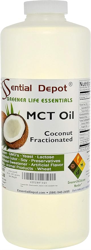 Coconut Oil - Fractionated - MCT (medium-chain triglycerides) - 5 x 1-Quart (32 oz) - liquid - Food Grade - Safety Sealed Resealable HDPE Container Microwave Safe (remove foil seal) Freezer Safe