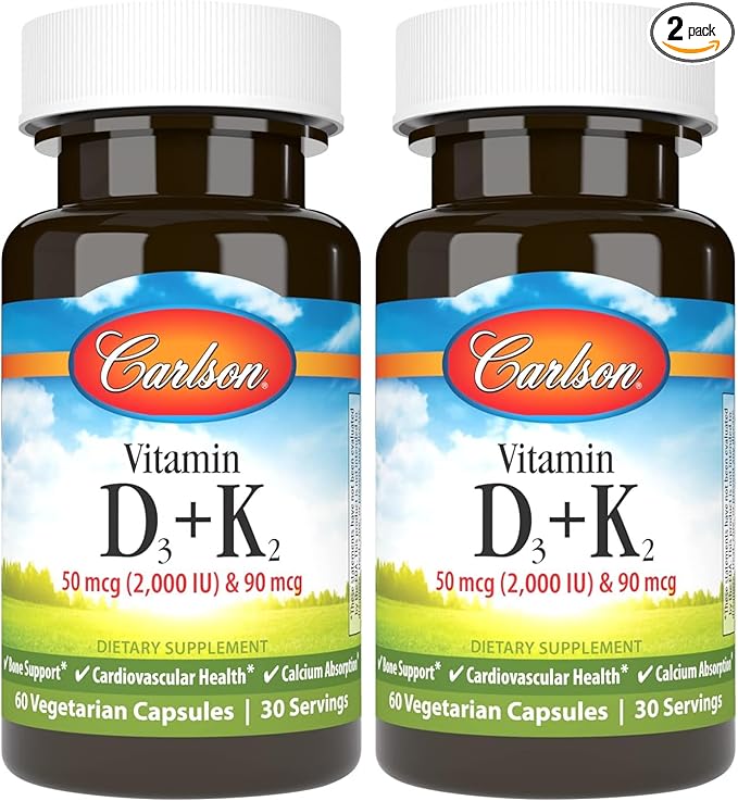 Carlson - Vitamin D3 + K2 50 mcg (2000 IU) Vitamin D3 &amp 90 mcg Vitamin K2 as MK7 Bone Support Calcium Absorption 60 Capsules (Pack of 2)