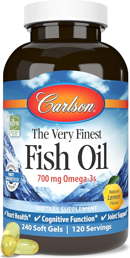 Carlson - The Very Finest Fish Oil 700 mg Omega-3s Norwegian Fish Oil Wild Caught Sustainably Sourced Fish Oil Capsules Lemon 240 Count