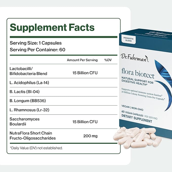 Dr. Fuhrman Prebiotic and Probiotic for Women &amp Men | Flora Biotect Natural Support for Digestive Health &amp Gut Biome | Provides Bloating Relief &amp Bowel Regularity | 20 Billion Live Strains