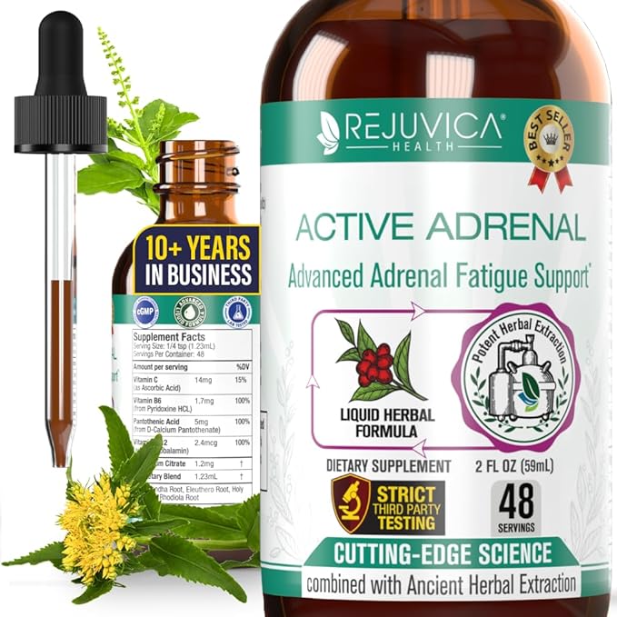 Rejuvica Health Active Adrenal - Advanced Adrenal Support Tincture - Liquid Delivery for Better Absorption - Ashwagandha B-Vitamins Magnesium and More