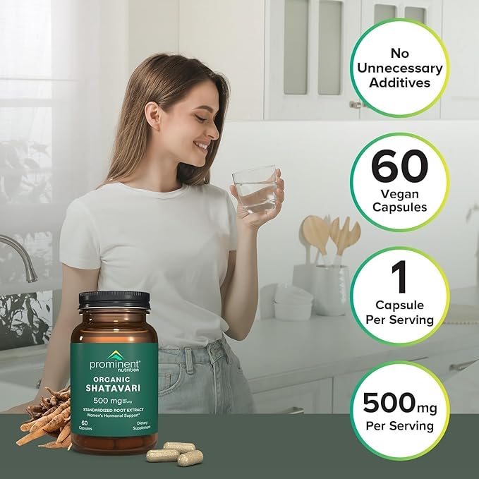 Prominent Nutrition Organic Shatavari Capsules Hormone Support for Women 500 mg 60 Count Standardized Root Extract Formulated for Women’s Health - 2 Pack