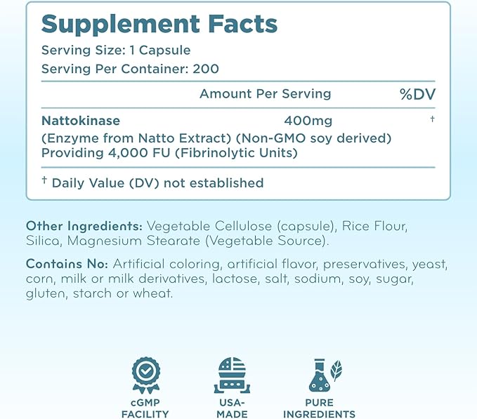 Nattokinase 4000 FU Enzyme Supplement - Double Strength Nattokinase Supplement from High Potency Non-GMO Gluten Free Natto Extract - 1 Capsule Serving - (200 Servings)