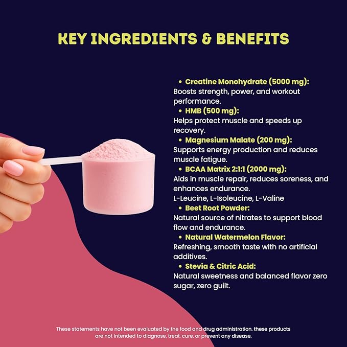 Creatine Monohydrate 5g with BCAAs –Support Muscles Cellular Energy and Cognitive Function* – Watermelon Micronized Powder – 30 Servings Keto Friendly - Gluten-Free