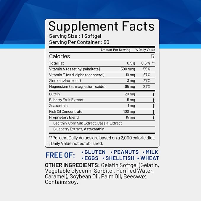Vison Care Plus - Complete Dietary Supplement for Your Vision- Lutein 20mg Zeaxanthin Vitamin A Bilberry Extract - 90 Softgels by CGM Labs