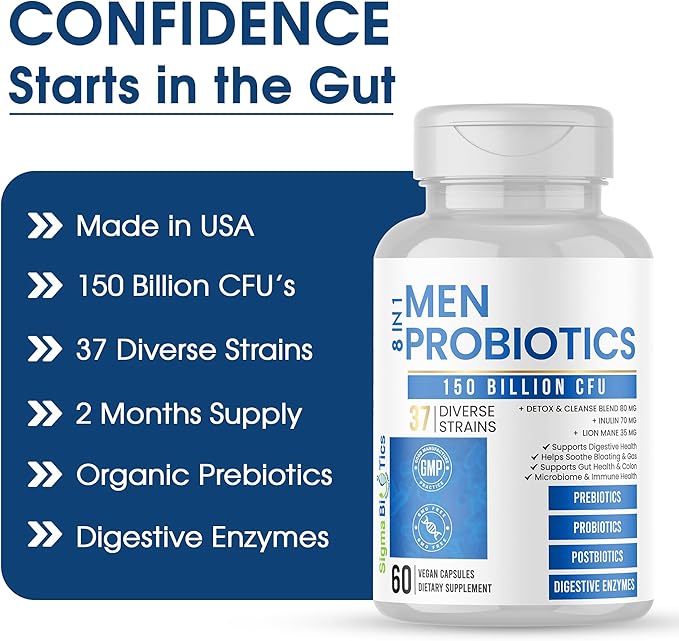 Probiotics for Men - 150 Billion CFU Acidophilus Capsules with Prebiotics &amp Postbiotics - Supports Gut Microbiome Colon &amp Immune Health - 37 Strains with Digestive Enzymes - 60 Vegan Capsules