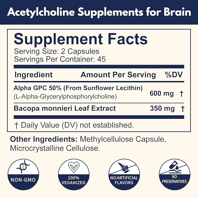 Acetylcholine Supplements with Alpha GPC 600mg &amp Bacopa – Cognitive Support for Seniors &amp Adults – Supports Memory Focus &amp Brain Health – 90 Capsules