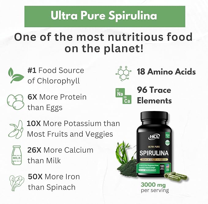 Spirulina Powder Capsules 3000 mg - Purest Non-Irradiated Blue Green Algae - Best Raw Vegan Protein - Green Superfood - Natural Multivitamins – 180 Pills Made in The USA