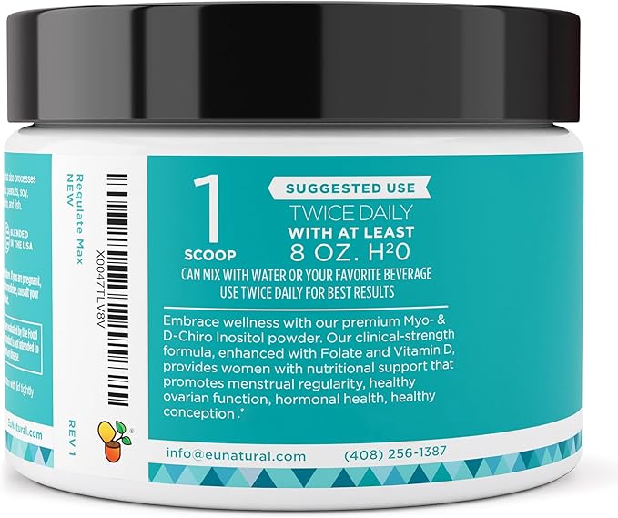 Eu Natural Regulate MAX Myo-Inositol &amp D-Chiro Inositol Supplement Powder for Women with Vitamin D &amp Folate Nutritional Support Hormone Balance &amp Fertility Support Unflavored 60 Servings