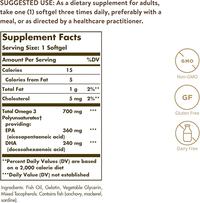 Solgar Double Strength Omega-3 700 mg 120 Softgels - Fish Oil Supplement - Support for Cardiovascular Joint &amp Cellular Health - Contains EPA &amp DHA Omega 3 Fatty Acids - Gluten Free - 120 Ser