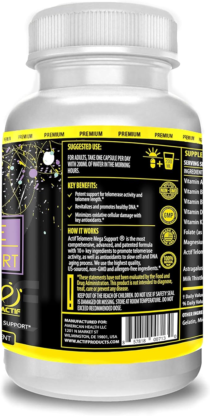 ACTIF Telomere Mega Support with 10+ Factors Non-GMO Telomerase and DNA Supplement for Energy Memory and Anti-Aging Made in USA 60 Count