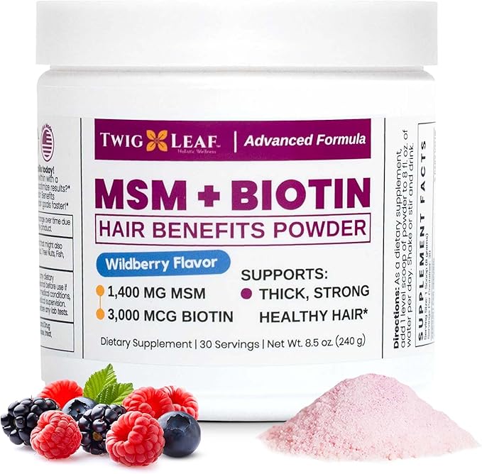 MSM + Biotin Hair Benefits Powder - Hair Growth MSM Supplement for Women &amp Men - Biotin &amp Vitamin C Blend - Wildberry MSM Powder for Hair Volume &amp Strength - Gluten-Free - 30 Servings (8.5