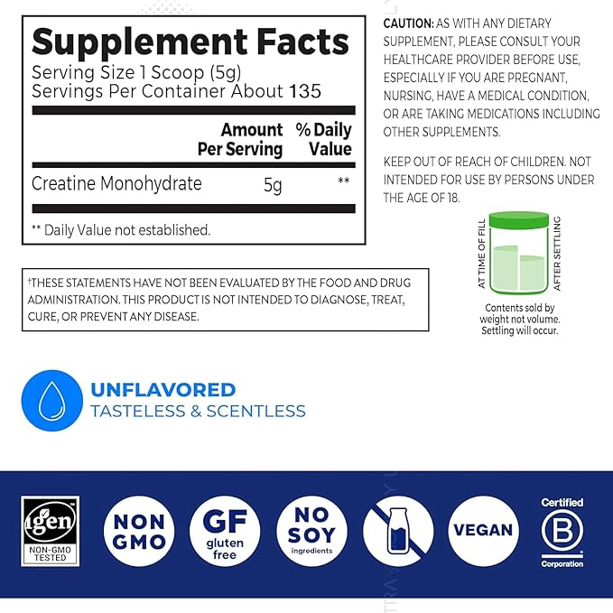 O̲rgains Creatine Monohydrate Micronized Powder Unflavored Supports Muscle Growth Post Workout Recovery and Brain Health No Artificial Additives Non-GMO 135 Servings 23.8 Oz