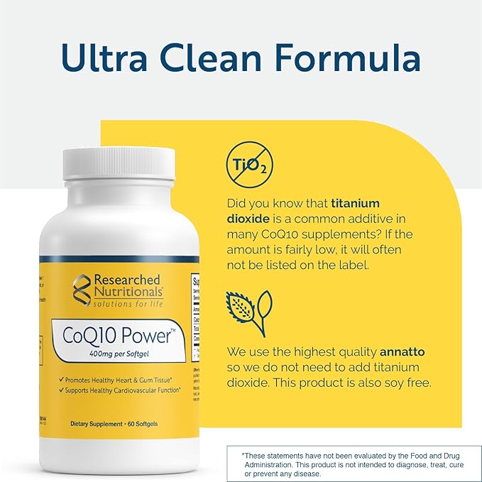 Researched Nutritionals CoQ10 400mg Softgels for Heart Health - Therapeutic-Strength Coenzyme Q10 Supplement - Support Natural Energy &amp Immune Function Promote Healthy Gum Tissue (60 Softgels)