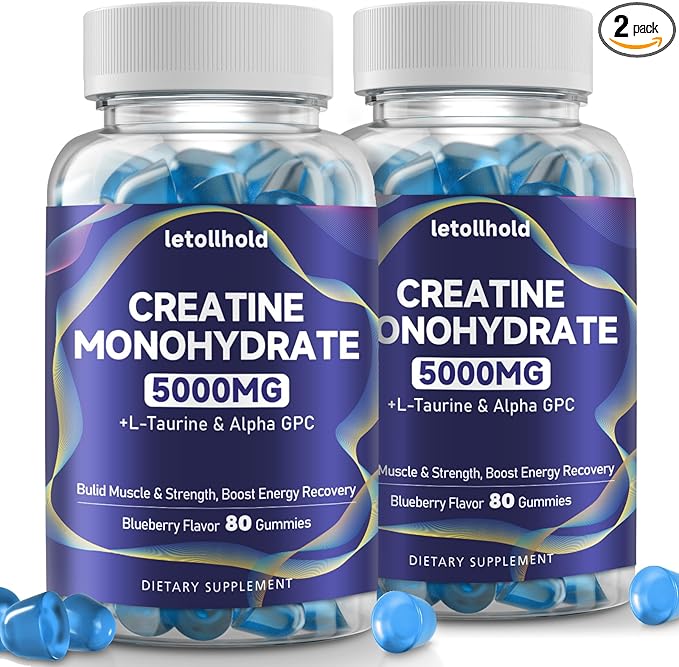 2-Pack Creatine Gummies for Women＆Men - 5g Creatine Monohydrate Gummies With L-Taurine &amp Alpha Gpc for Boost Focus Endurance Strength and Muscle Growth - Vegan Non-GMO (Blueberry 160 ct)